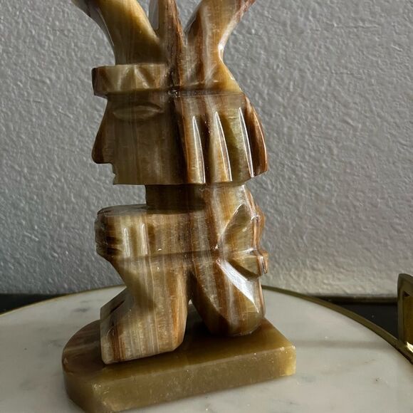 Carved Stone Vintage Mayan Aztec Inspired Onyx Agate Bookends MCM - Picture 3 of 7